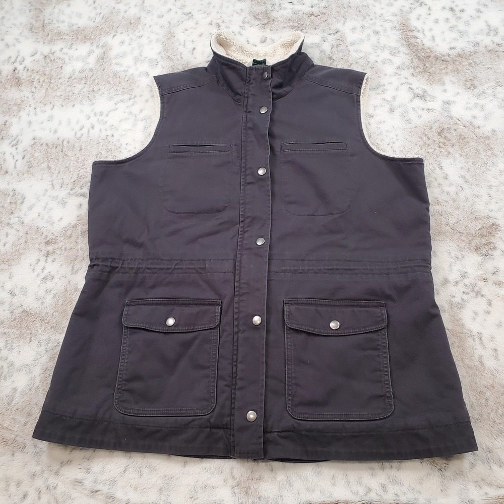 L.L. Bean Classic Utility Vest Sherpa Lined Dark Gray Women's Size‎ Large Snaps